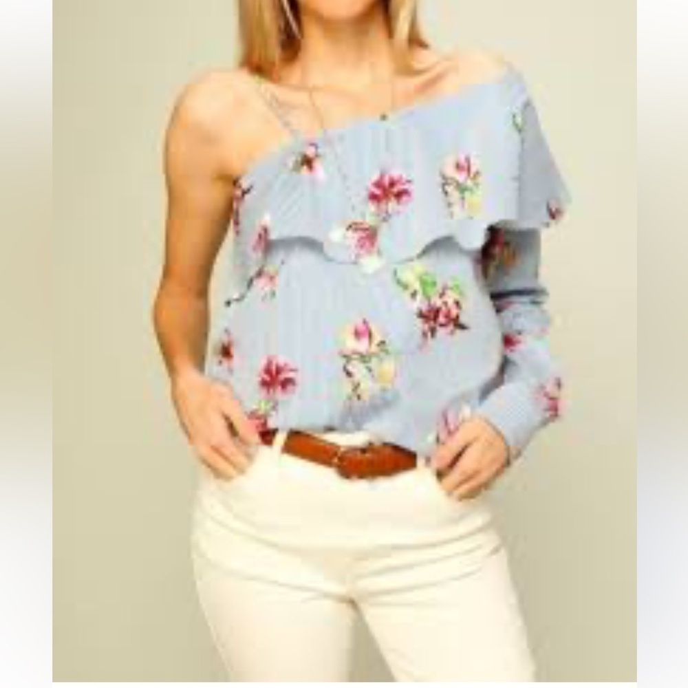 Lumière | NWT Blue Multi Floral Striped One Shoulder one Long Sleeve Shirt Top M